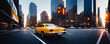 Big city sunset evening panorama with retro cars and blurred car headlights and street lights with skyscrapers. Copy space for advertising text. Generative AI.