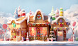 Gingerbread house, street with beautiful houses, decorated with sweets and candy, Christmas and New Year concept illustration made with AI Generative