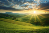Fototapeta  - The sun rises over a hillside with grassy fields and an area with a hill. AI generative