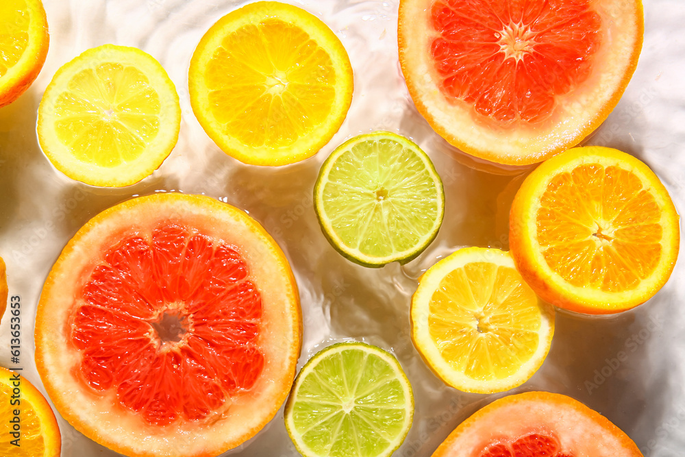 Different citrus fruit slices in water on white background