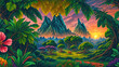 Illustration of a tropical jungle with palm trees, beach, sea and mountains at sunset. AI Generative.