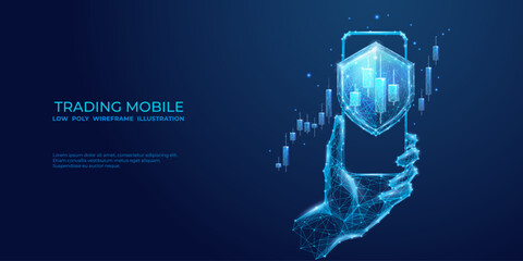 Leinwandbilder - Stock market candlestick on smartphone screen with a shield. investment concept protection. Safe trading internet banner. Low poly 3d vector illustration isolated on digital background