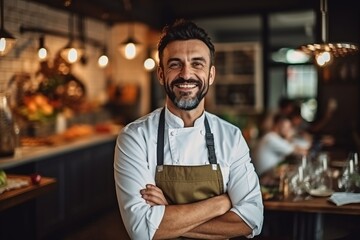 Wall Mural - Portrait of a smiling waiter standing with arms crossed in a cafe