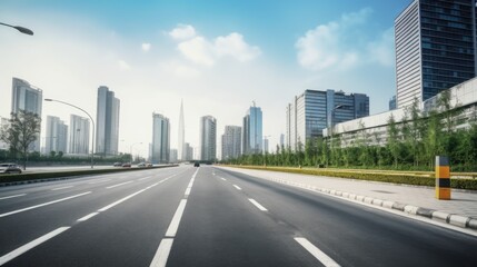 Wall Mural - Asphalt road and modern city with skyscrapers. Generative AI AIG21.