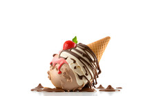 Delicious Ice Cream In A Cone With Chocolate Coating Isolated On White Background. Generative Ai