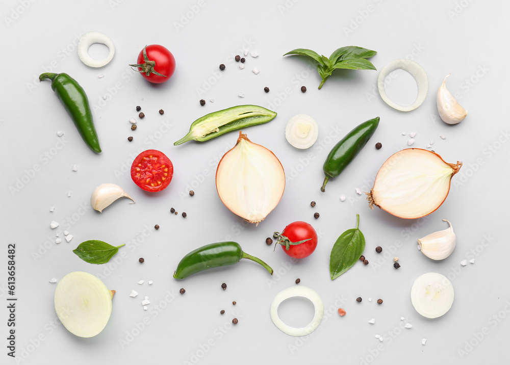 Composition with fresh onion, jalapeno, tomatoes and spices on light background