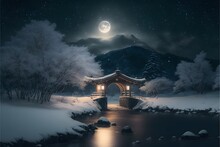 Snowy Night On Sado Island In Japan, Soft Focus, Misty, Tiny Shed With Candlelight In A Window, High Arched Stone Bridge Crossing A Frozen River, Nebula In The Sky, Nebula Colors In The Frozen River,