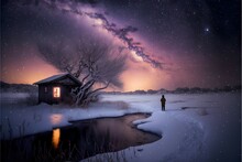 Snowy Night On Sado Island In Japan, Soft Focus, Misty, Small Dilapidated One-room Japanese-style Hut With Dim Candlelight In A Window And Rounded Corners, Colorful Nebula In The Sky, Colorful Nebula