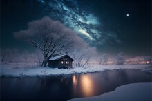 Snowy Night On Sado Island In Japan, Soft Focus, Misty, Small Dilapidated One-room Japanese-style Hut With Dim Candlelight In A Window And Rounded Corners, Deeply Covered In Snow, Colorful Nebula In T