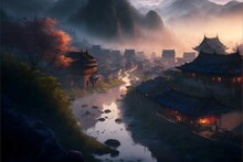 Lush Misty Morning Landscape, Lantern Festival, Soft Focus, Cascading Rice Pools In A Steep Mountain Valley In China At Sunrise, Floating Mountains, Waterfalls, Sunrise Colors Reflected In The Rice Po