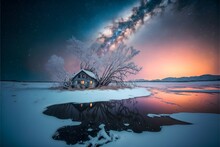Snowy Night On Sado Island In Japan, Soft Focus, Misty, Small Dilapidated One-room Japanese-style Hut With Dim Candlelight In A Window And Rounded Corners, Deeply Covered In Snow, Colorful Nebula In T