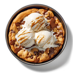 Wall Mural - Giant skillet cookie with chocolate chips served with ice cream. Artificial Intelligence