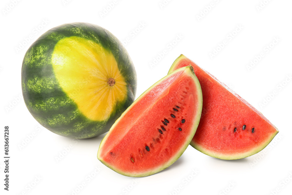 Fresh watermelon and pieces on white background