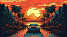 Summer Vibes 80s Style Illustration With Car Driving Into Sunset
