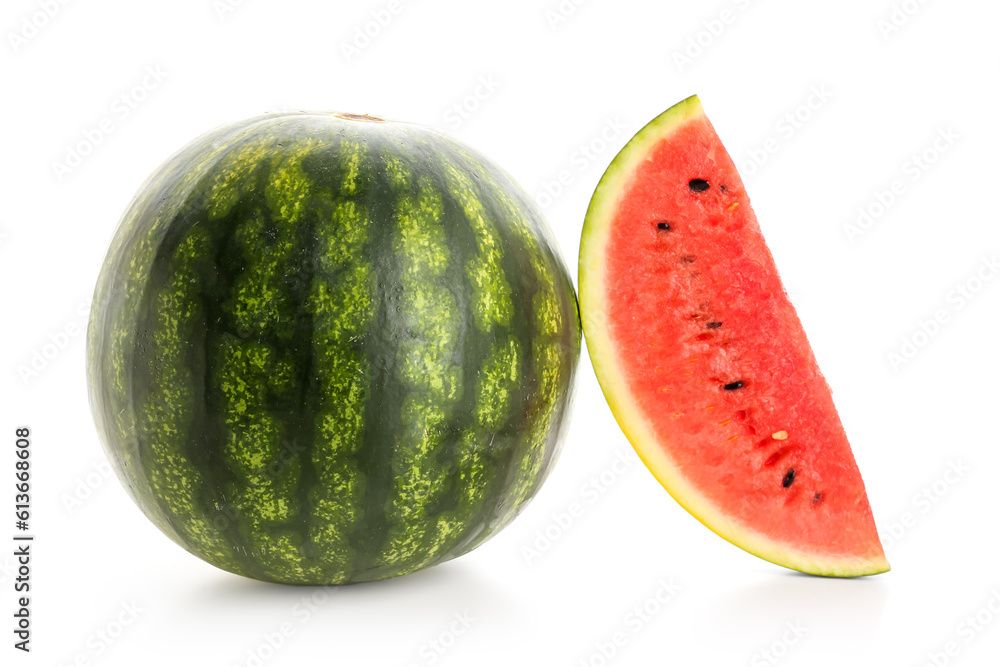 Fresh watermelon with piece on white background