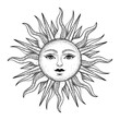 Vector vintage sun with a face, engraving style, esoteric and occult magic signs isolated on white background