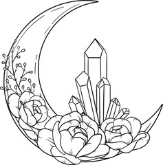 Vector line art mystical celestial magic witchcraft elements. Esoteric crescent moon, crystal, peony rose, stars, leaves, line art.