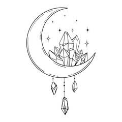 vector line art mystical celestial magic witchcraft elements. esoteric crescent moon, crystals stars