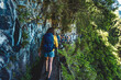 © Michael - Tourist group walking along steep cliff jungle hiking trail  next to canal through Madeiran rainforest. Levada of Caldeirão Verde, Madeira Island, Portugal, Europe.