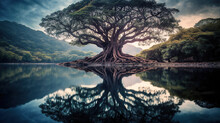 Reflective Nature Portrait Of Huge Tree And Lake. Tree Reflecting On Water
