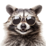 Fototapeta  - a raccoon, with sunglasses with a cheeky grin,  Fun-themed, photorealistic illustration in a PNG, cutout, and isolated. Generative AI