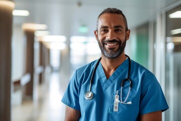 Wall Mural - Portrait of smiling male doctor with stethoscope in hospital corridor