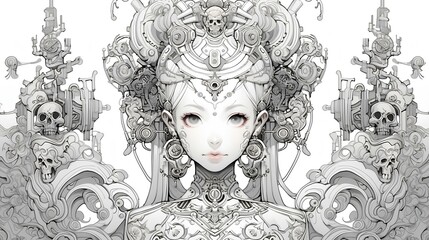 seer goddess of the mashup of futuristic cyberpunk and celestial heaven, manga style black and white illustration. generative AI