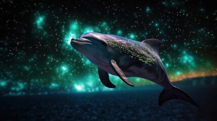  A dolphin is swimming in the ocean with stars in the background. Generative AI image.