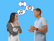 © New Africa - Man and woman talking on light blue background. Dialogue illustration, speech bubbles with icons