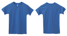 Blue Kids T-shirt Mock Up, Front And Back View, Isolated. Plain Light Blue Shirt Mockup. Tshirt Design Template. Blank Tee For Print