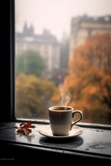 Wall Mural - A cup of coffee on a table overlooking an autumn city view. Generative AI. 