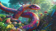 A Rainbow Serpent Coiled Around A Tree In A Tropical Rainforest. Fantasy Concept , Illustration Painting.