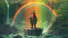 A Rainbow Waterfall With A Leprechaun Guarding A Pot Of Gold. Fantasy Concept , Illustration Painting.