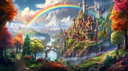 Wall Mural - A rainbow over a fairy village in the forest. Fantasy concept , Illustration painting.