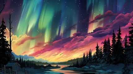 Wall Mural - A rainbow-colored aurora borealis in the night sky. Fantasy concept , Illustration painting.