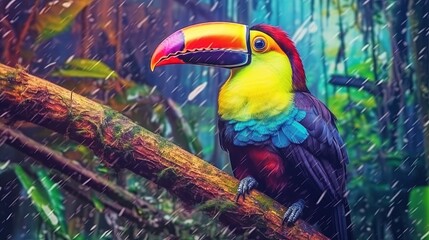 A rainbow-colored toucan perched on a branch in the rainforest. Fantasy concept , Illustration painting.