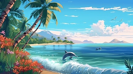 Wall Mural - A serene beach with a palm tree and a dolphin swimming in the sea. Fantasy concept , Illustration painting.