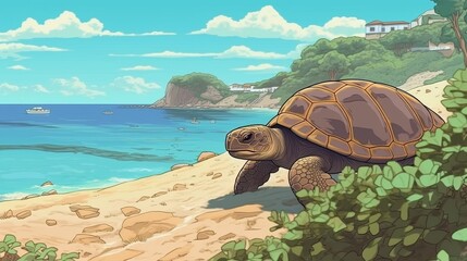 Sticker - A serene beach with a sea turtle coming ashore to lay eggs. Fantasy concept , Illustration painting.