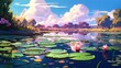 A serene pond with a lily pad and a frog. Fantasy concept , Illustration painting.