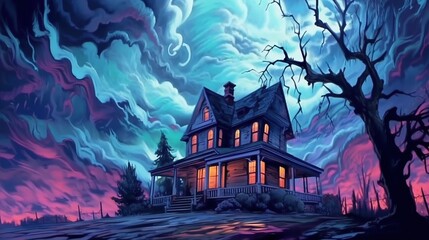 Wall Mural - A stormy night in a haunted mansion. Fantasy concept , Illustration painting.