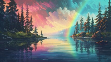 Wall Mural - A serene rainbow over a lake. Fantasy concept , Illustration painting.