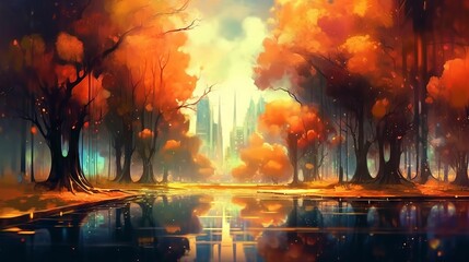 Sticker - A beautiful abstract autumn landscape of a city park in autumn with golden sunlight. Generative AI. 