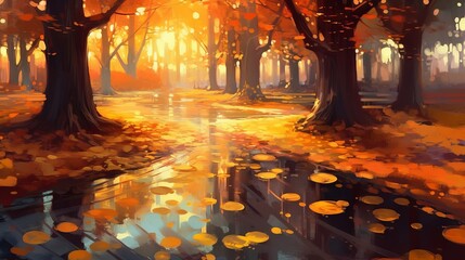 Sticker - A beautiful abstract autumn landscape of a city park in autumn with golden sunlight. Generative AI. 