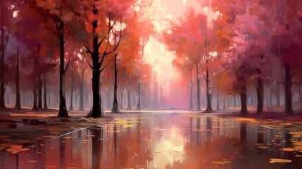 Sticker - A beautiful abstract autumn landscape of a city park in autumn with golden sunlight. Generative AI. 