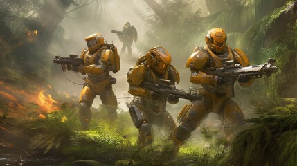 A team of futuristic soldiers battling an alien invasion. Fantasy concept , Illustration painting.