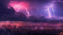 A Thunderstorm Over A City Skyline. Fantasy Concept , Illustration Painting.
