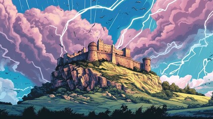 A thunderstorm over a castle on a hill. Fantasy concept , Illustration painting.