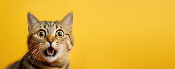 Young crazy surprised cat make big eyes closeup on yellow background