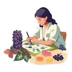 Sticker - happy woman painting fruit on paper