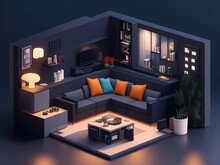 Dark Walls And Cutaway Box Interior Design, Isometric Living Room Design